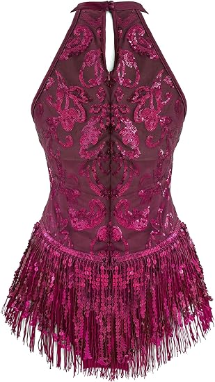 Women's High Neck Sexy Sequin Fringe Bodysuit Sparkly Latin Jazz Acrobat Show Dance Costume Music Festival Rave Outfits