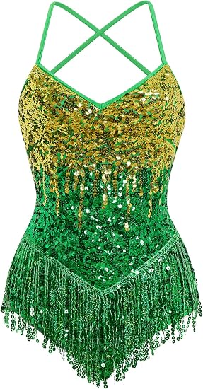 Women Latin Dance Dress, Gradient Sequin Fringe Bodysuit | Self-tied Spaghetti Straps, Sparkly Backless Dance Leotard Dancewear, for Ballroom Costume, Jazz, Rave Concert, Performance