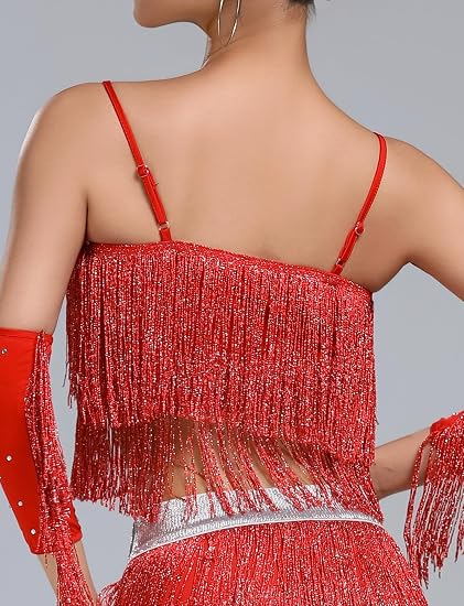 Women's Latin Dance Costume Sequin Fringe Tube Top Belly Dance Performance Outfit with Tassels for Party Club Wear