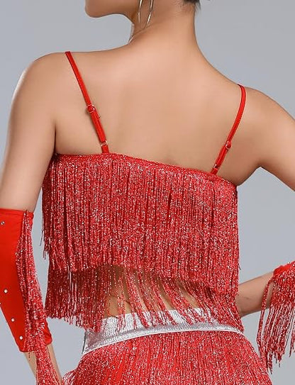 Women's Latin Dance Costume Sequin Fringe Tube Top Belly Dance Performance Outfit with Tassels for Party Club Wear