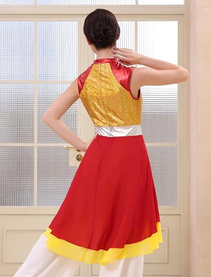 Metallic Color Block Praise Dance Overlay Dress for Women Asymmetrical Ruffle Worship Tunic Liturgical Dancewear
