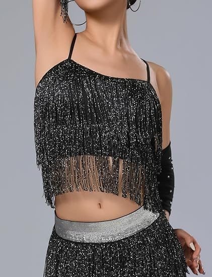Women's Latin Dance Costume Sequin Fringe Tube Top Belly Dance Performance Outfit with Tassels for Party Club Wear