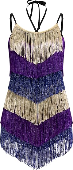 Color Block Latin Jazz Dance Dress for Women Sparkly Tassel Fringe Flapper Dresses 1920s Gatsby Party Ballroom Dance Costume