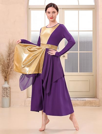 Metallic Praise Dance Dress for Women Asymmetric Ruffle Overlay Dresses Liturgical Lyrical Dancewear Worship Costume