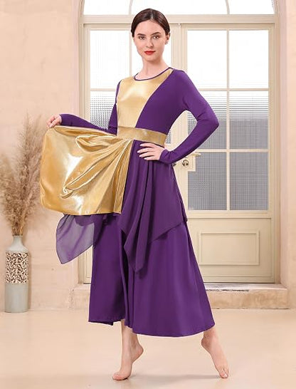 Metallic Praise Dance Dress for Women Asymmetric Ruffle Overlay Dresses Liturgical Lyrical Dancewear Worship Costume