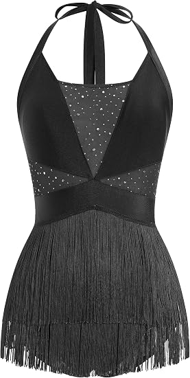 Women Halter Fringe Bodysuit Open Back Glitter Mesh Salsa Jazz Latin Dance Dress Sexy Concert Sparkly Tassel Outfits
