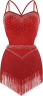 Rhinestone Fringe Bodysuit Women Sparkly Latin Jazz Dance Costume Halter Tassel Fringe Romper Acrobat Trapeze Outfits