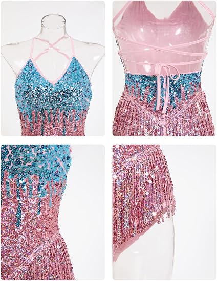 Women Sequins Glitters Fringe Tassel Bodysuit for Latin Dance Shiny Music Festivals Rave Outfit Concert Costume