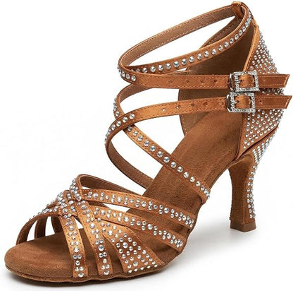 Women's Rhinestone Latin Dance Shoes 3" Heel Professional Satin Ballroom Salsa Performance Dancing Shoes