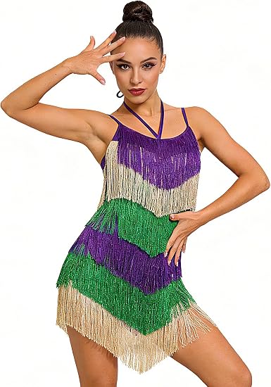 Women's Fringe Latin Dance Dress - Halter Backless Adjustable Cami Straps Color Block Salsa Ballroom Dance Costume