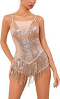 Shiny Sequin Fringe Bodysuit for Women Spliced Mesh Jumpsuit Sparkly Rhinestone Tassel Romper Latin Jazz Dance Costume