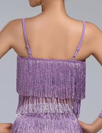 Women's Latin Dance Costume Sequin Fringe Tube Top Belly Dance Performance Outfit with Tassels for Party Club Wear