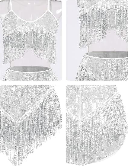 Womens Rave Outfit Sequin Fringe 2 Piece Set Sparkly Tassel Crop Top and Shorts for Halloween Festival Dance Party