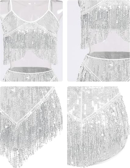 Womens Rave Outfit Sequin Fringe 2 Piece Set Sparkly Tassel Crop Top and Shorts for Halloween Festival Dance Party