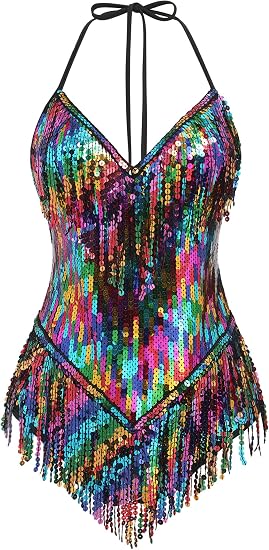 Women Sequin Fringe Bodysuit Romper