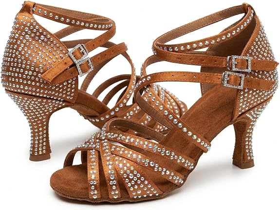 Women's Rhinestone Latin Dance Shoes 3" Heel Professional Satin Ballroom Salsa Performance Dancing Shoes