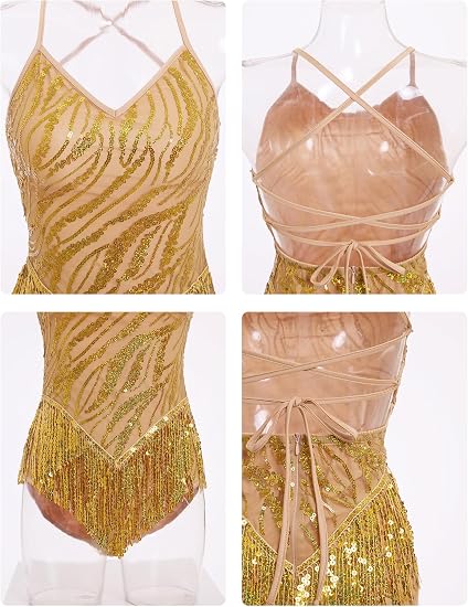 Fringe Sequin Bodysuit Women Sparkly Tassel Latin Jazz Salsa Dance Costume Acrobat Leotard