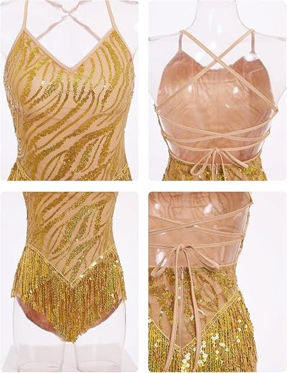 Fringe Sequin Bodysuit Women Sparkly Tassel Latin Jazz Salsa Dance Costume Acrobat Leotard