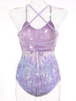 Women Latin Dance Dress, Gradient Sequin Fringe Bodysuit | Self-tied Spaghetti Straps, Sparkly Backless Dance Leotard Dancewear, for Ballroom Costume, Jazz, Rave Concert, Performance
