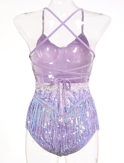 Women Sequins Glitters Fringe Tassel Bodysuit for Latin Dance Shiny Music Festivals Rave Outfit Concert Costume