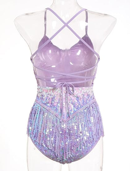Women Sequins Glitters Fringe Tassel Bodysuit for Latin Dance Shiny Music Festivals Rave Outfit Concert Costume
