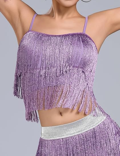 Women's Latin Dance Costume Sequin Fringe Tube Top Belly Dance Performance Outfit with Tassels for Party Club Wear