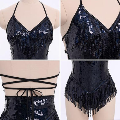 Women Sequin Fringe Bodysuit Romper