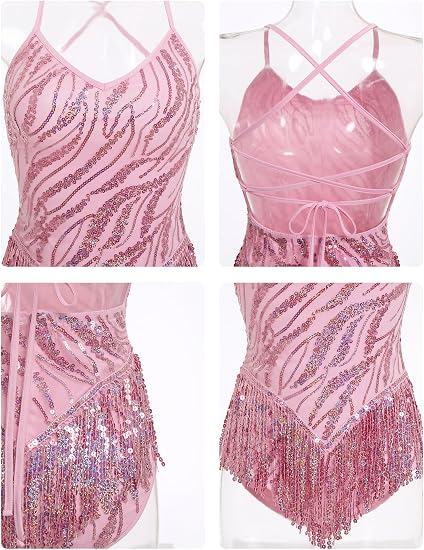 Fringe Sequin Bodysuit Women Sparkly Tassel Latin Jazz Salsa Dance Costume Acrobat Leotard