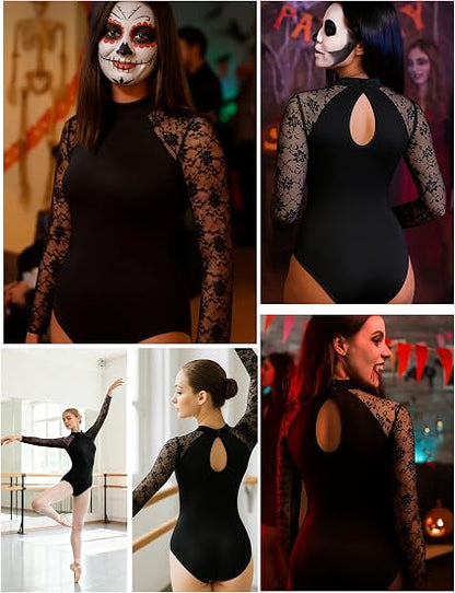 Lace Dance Leotard Women Black Adult Ballet Leotard Water Drop Hollow Back