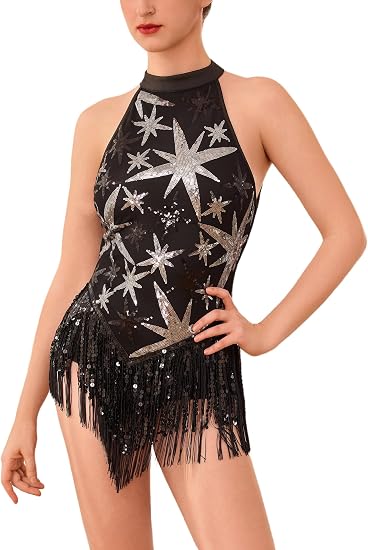 Women Sequin Fringe Bodysuit Glitter Star Romper One Piece Dress for Ballroom Competition Stage Performance