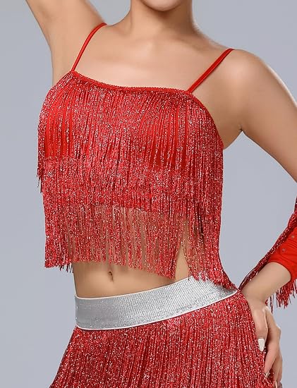 Women's Latin Dance Costume Sequin Fringe Tube Top Belly Dance Performance Outfit with Tassels for Party Club Wear