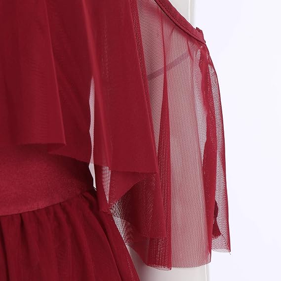 Women Lyrical Dance Costume Shiny Criss Cross Spaghetti Strap Full Circle Mesh Tulle Long Dress with Brooch Pin