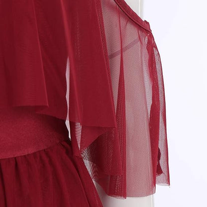 Women Lyrical Dance Costume Shiny Criss Cross Spaghetti Strap Full Circle Mesh Tulle Long Dress with Brooch Pin