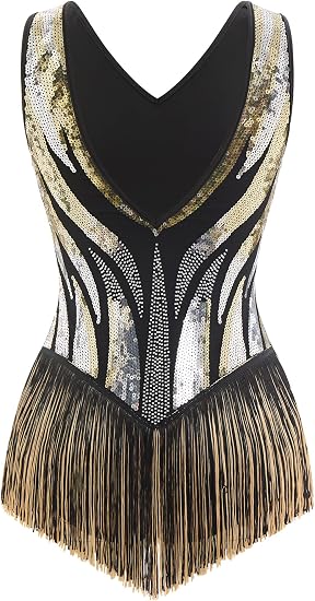 Sequin Fringe Bodysuit Latin Dance Costume Dance Outfit for Women | Glitter Mesh V-Neck Backless Dress Latin Samba Salsa Dancewear Showgirl Trapeze Acrobat Outfit for Ballroom Party Carnival