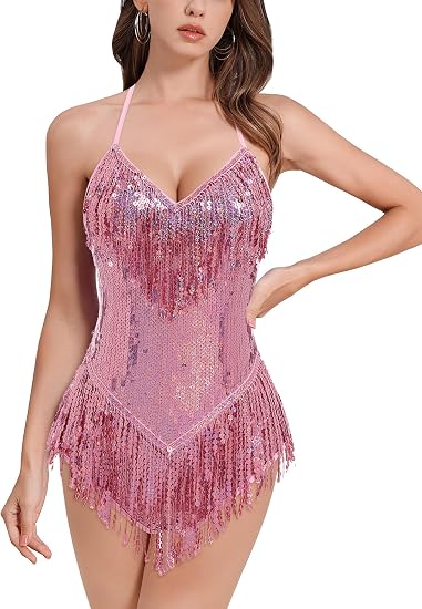 Women Sequin Fringe Bodysuit Sparkly Tassel Leotard Romper Latin Dance Dress Sexy Festival Rave Party Outfits