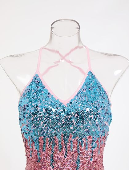 Women Latin Dance Dress, Gradient Sequin Fringe Bodysuit | Self-tied Spaghetti Straps, Sparkly Backless Dance Leotard Dancewear, for Ballroom Costume, Jazz, Rave Concert, Performance