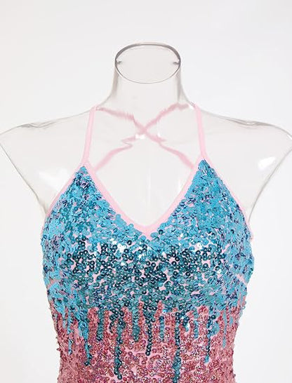 Women Latin Dance Dress, Gradient Sequin Fringe Bodysuit | Self-tied Spaghetti Straps, Sparkly Backless Dance Leotard Dancewear, for Ballroom Costume, Jazz, Rave Concert, Performance