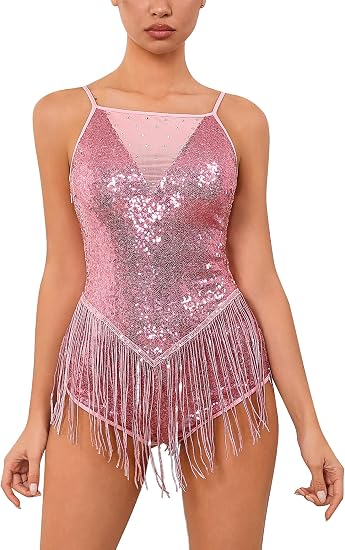 Shiny Sequin Fringe Bodysuit for Women Spliced Mesh Jumpsuit Sparkly Rhinestone Tassel Romper Dress