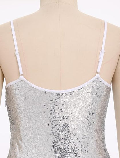 Shiny Sequin Fringe Bodysuit for Women Spliced Mesh Jumpsuit Sparkly Rhinestone Tassel Romper Latin Jazz Dance Costume