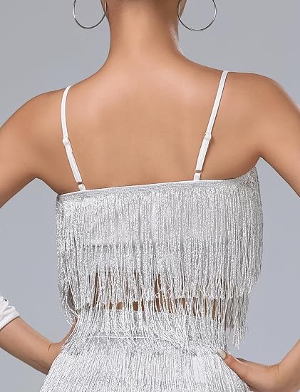 Women's Latin Dance Costume Sequin Fringe Tube Top Belly Dance Performance Outfit with Tassels for Party Club Wear