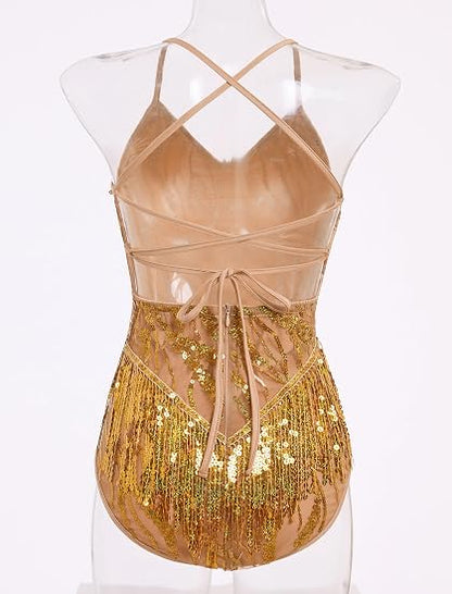 Fringe Sequin Bodysuit Women Sparkly Tassel Latin Jazz Salsa Dance Costume Acrobat Leotard