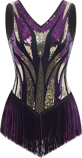Women Sexy Fringe Bodysuit Open Back Sparkly Sequins Tassel Latin Jazz Dance Outfits Trapeze Acrobat Circus Costume