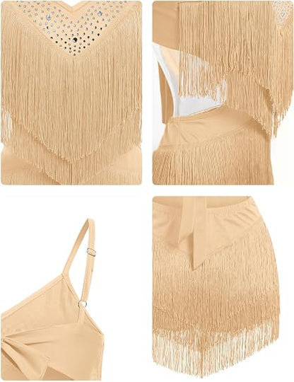Women Sexy Tassel Fringe Bodysuit Rhinestone Romper Latin Jazz Dance Acrobat Costume Ballroom Dancing Leotard Rave Outfits