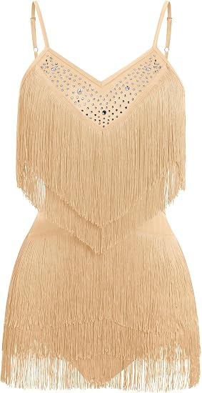 ODIZLI Women's Fringe Rhinestone Latin Dance Dress Leotard- Adjustable Spaghetti Straps V Neck Tie Back Salsa Ballroom Dance