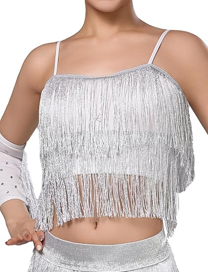 Women's Latin Dance Costume Sequin Fringe Tube Top Belly Dance Performance Outfit with Tassels for Party Club Wear