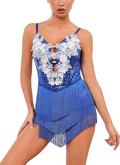 Women Sparkly Sequins Fringe Bodysuit Floral Lace Latin Jazz Tassel Dance Costume Open Back Rave Circus Trapeze Outfits
