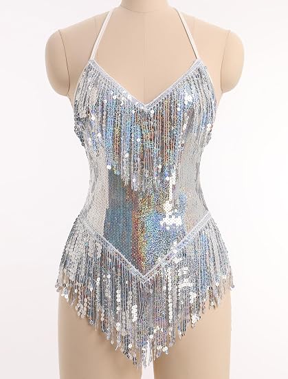 Sexy Sequins Fringe Bodysuit Halter Lace Up Back Jazz Latin Dance Tassel Leotard Acrobat Costume Rave Concert Outfits