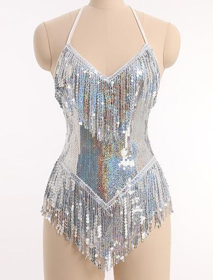 Sexy Sequins Fringe Bodysuit Halter Lace Up Back Jazz Latin Dance Tassel Leotard Acrobat Costume Rave Concert Outfits