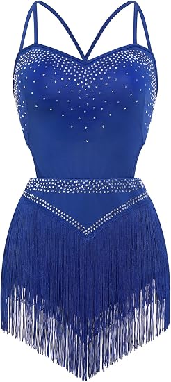 Rhinestone Fringe Bodysuit Women Sparkly Latin Jazz Dance Costume Halter Tassel Fringe Romper Acrobat Trapeze Outfits