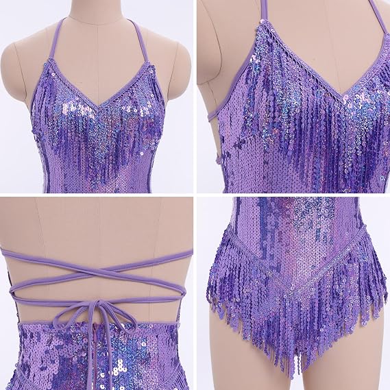 Sexy Sequins Fringe Bodysuit Halter Lace Up Back Jazz Latin Dance Tassel Leotard Acrobat Costume Rave Concert Outfits